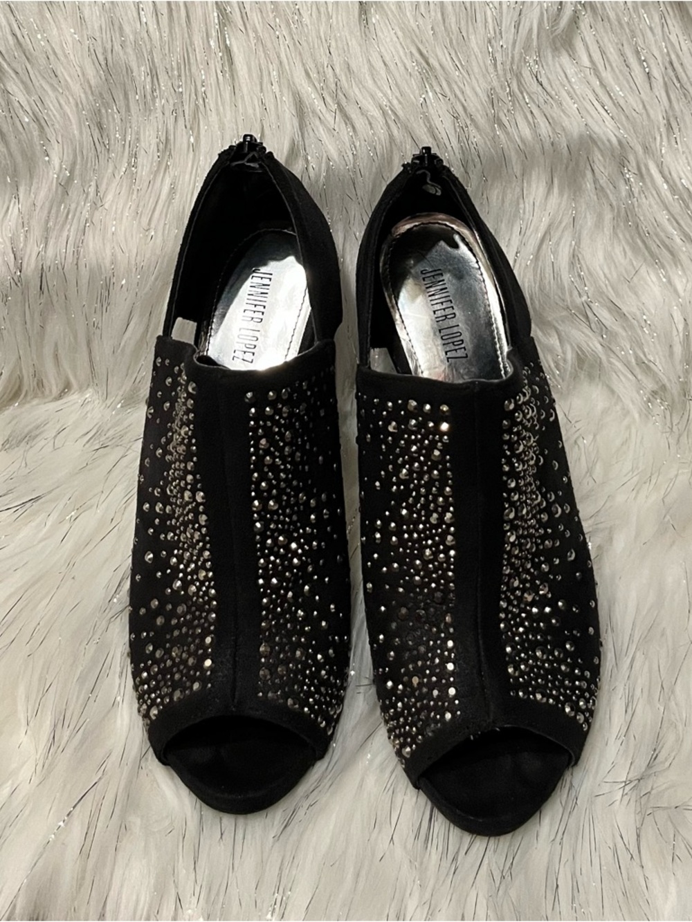 Jennifer Lopez Black Rhinestone Peep-Toe Mules